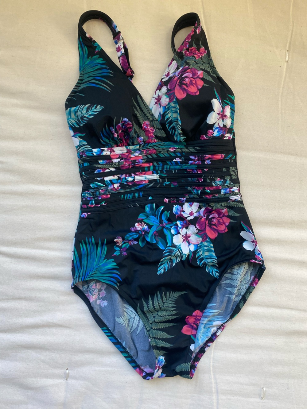 Aqua Green Black Floral Surplice One-Piece Bodysuit